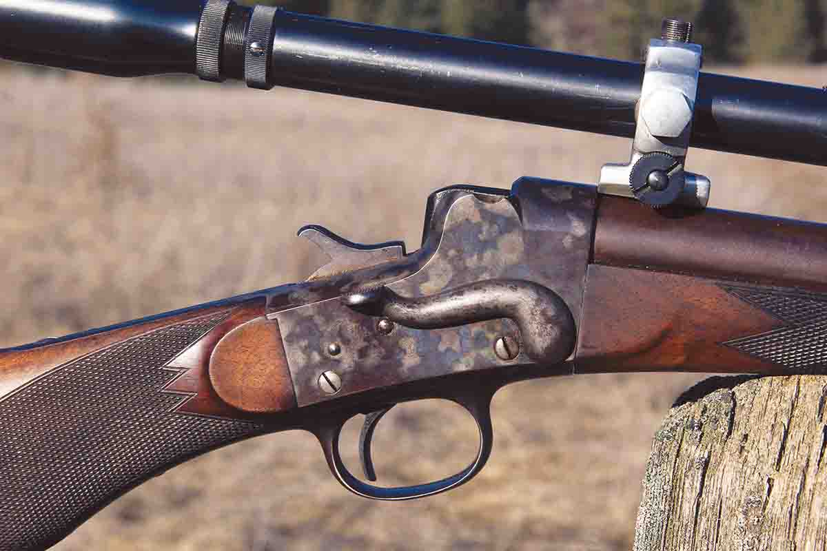 The Remington Hepburn No. 3 is a falling-block rifle activated with a side-thumb lever. The action is quite stout, allowing Remington to chamber cartridges as large as the 50-90 Sharps.